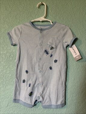 🆕 Carter's Baby Blue, White Striped Short Sleeve Onesie with Bugs, 6 mos - NWT